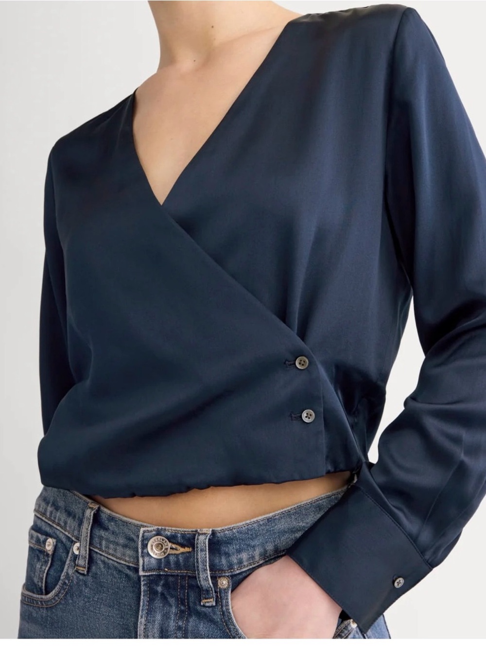 Everlane Navy Satin Wrap Blouse